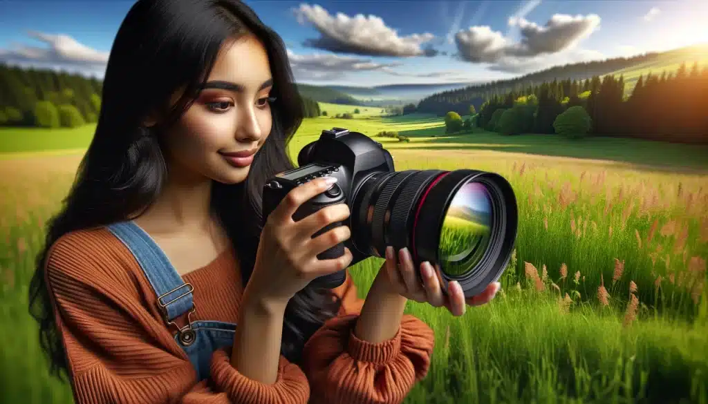 South Asian woman photographing a meadow with economical gear