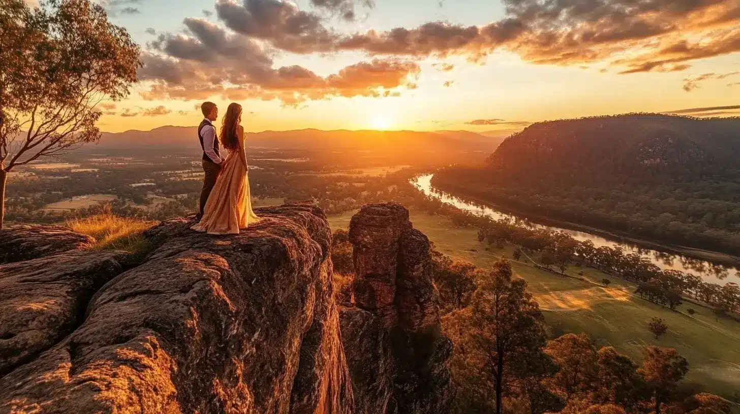 A scenic sunset location with a clear view of the sky, trees in the foreground, and a lake reflecting the golden light