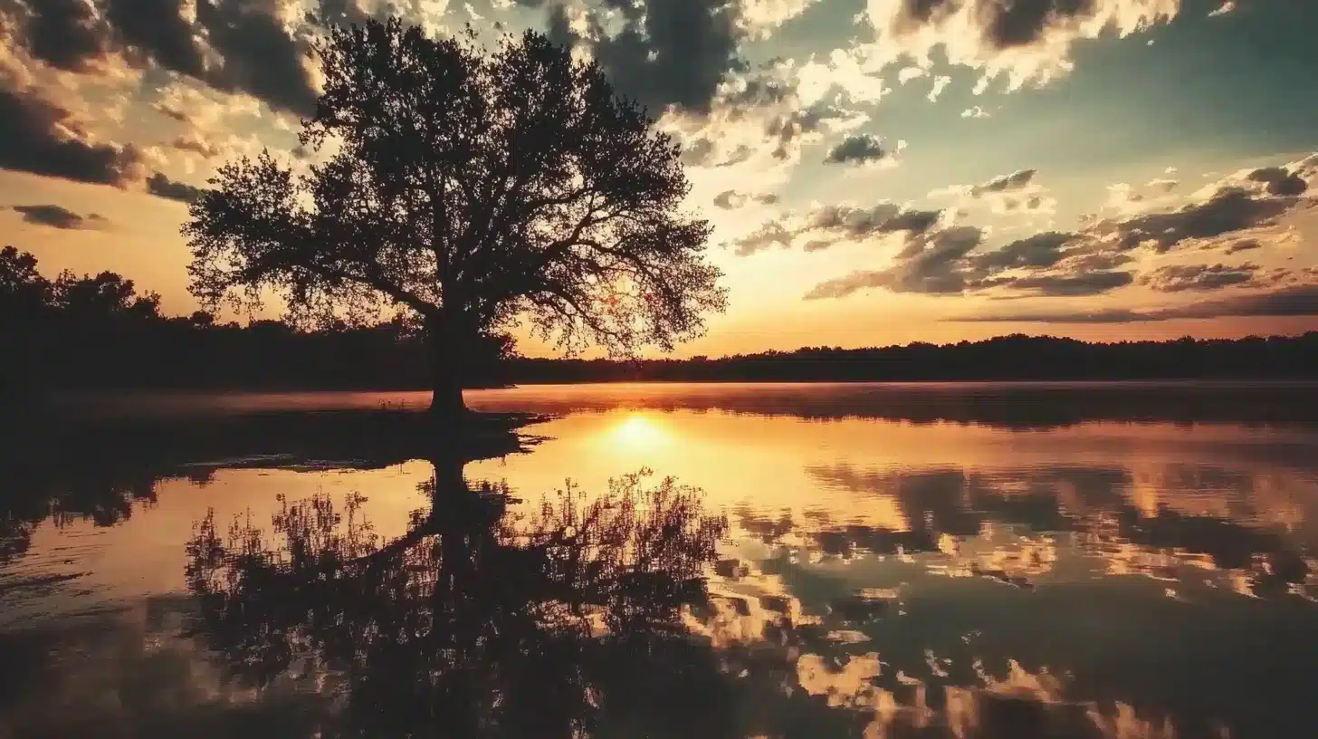 A breathtaking sunset over a lake, with a tree placed on the left third of the frame, creating a balanced composition