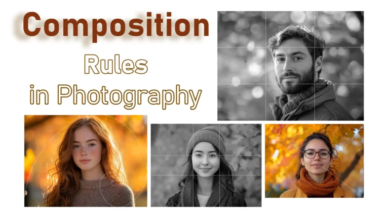 Featured image illustrating framing principles in photo creation with a grid overlay, showcasing various portrait shots arranged using the rule of thirds and golden ratio techniques