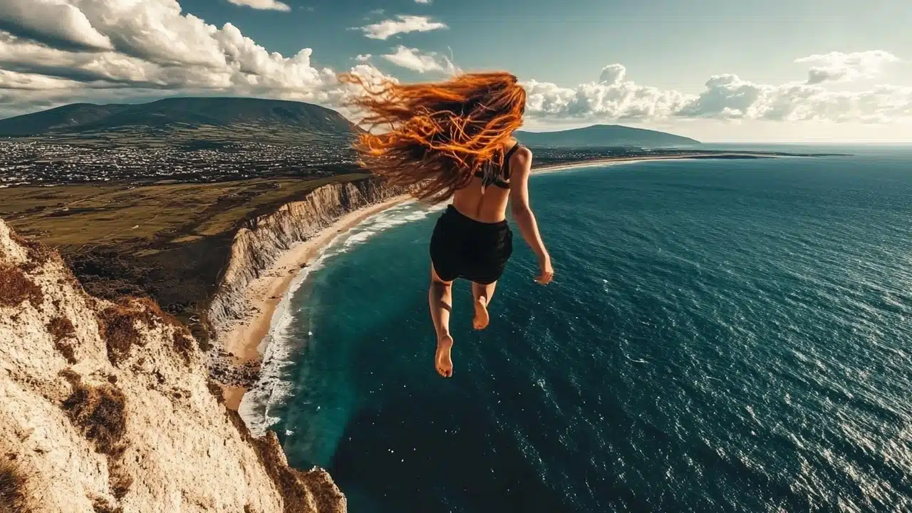 A woman captured mid-air, leaping off a cliff above a vast coastline, her hair flowing in the wind, representing creative freedom in photography.