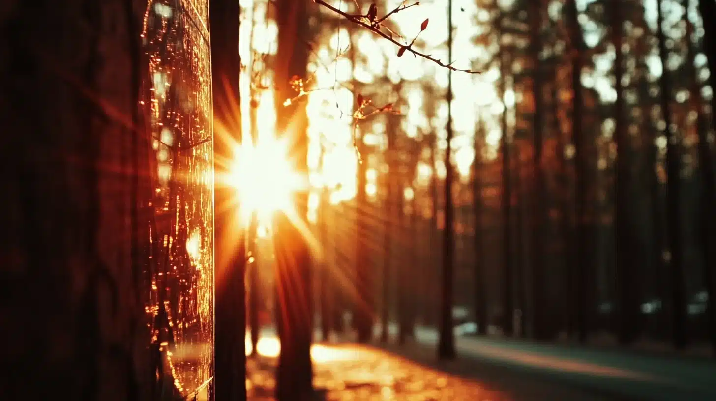 Camera lens facing a vivid sunset with lens flare and overexposed sky