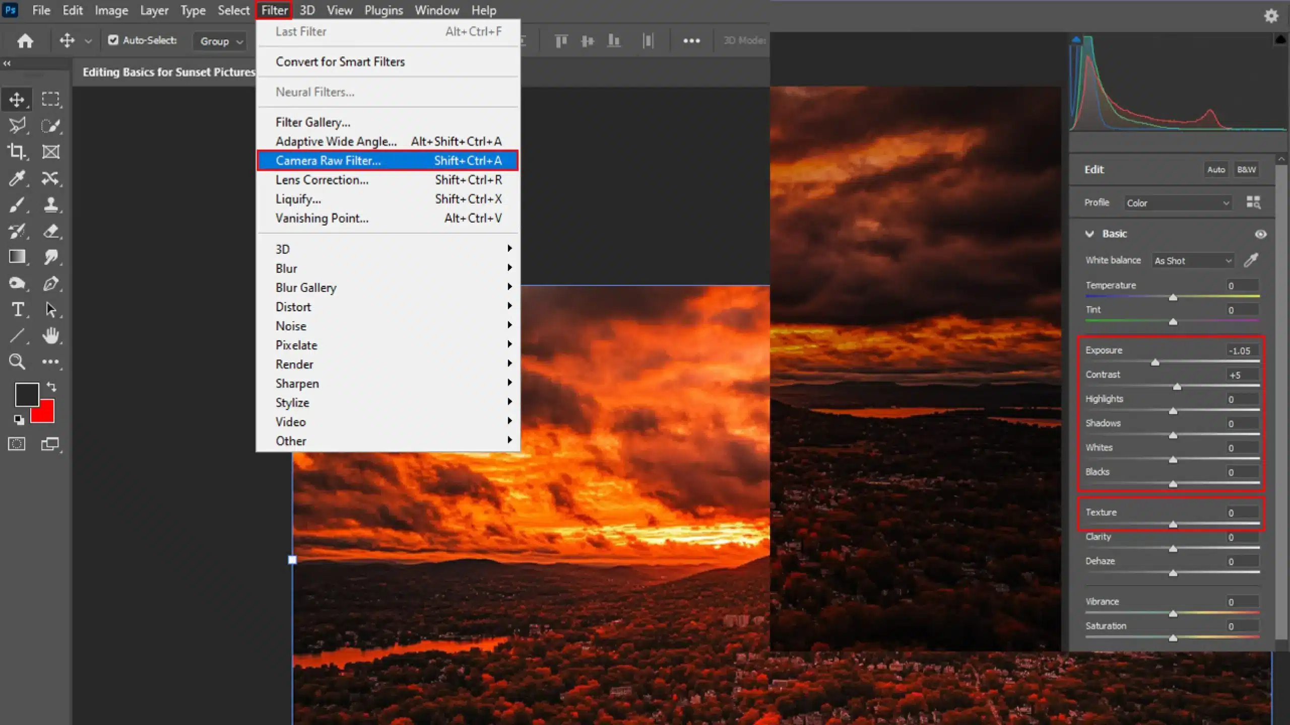 Screenshot of photo editing software adjusting exposure, contrast, and texture settings for a sunset photograph