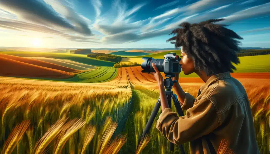 Young Black woman using a DSLR to photograph a vast field