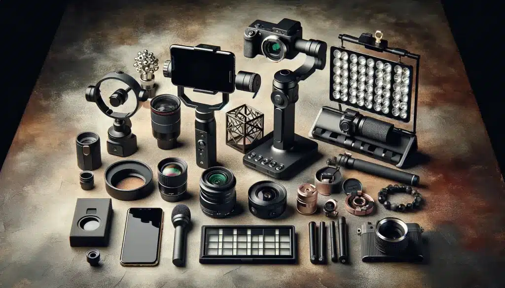 Array of mobile photography tools including gimbal, lenses, tripod, ring light, microphone, and filters.