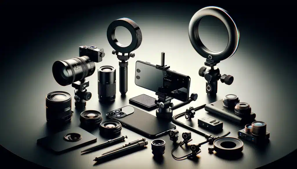 Array of mobile photography accessories on a modern surface, including smartphone with lenses, tripod, and lighting equipment.