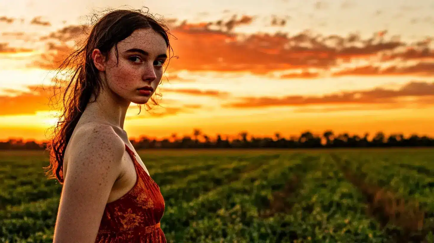 A serene sunset with vibrant colors in the sky, a silhouetted figure capturing the scene with a camera, and soft waves reflecting the golden light