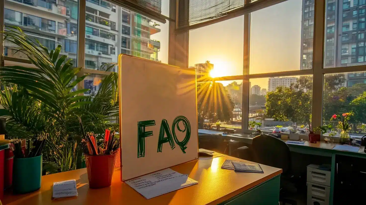 A frequently asked questions (FAQ) sign on a table in an office, with a vibrant sunset visible through the window in the background