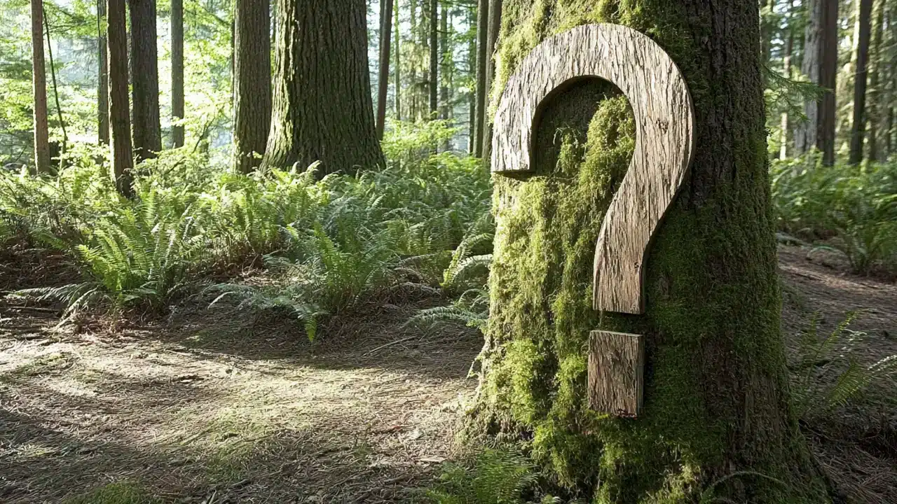 A wooden sign with a question mark attached to a tree in a forest, symbolizing frequently asked questions.