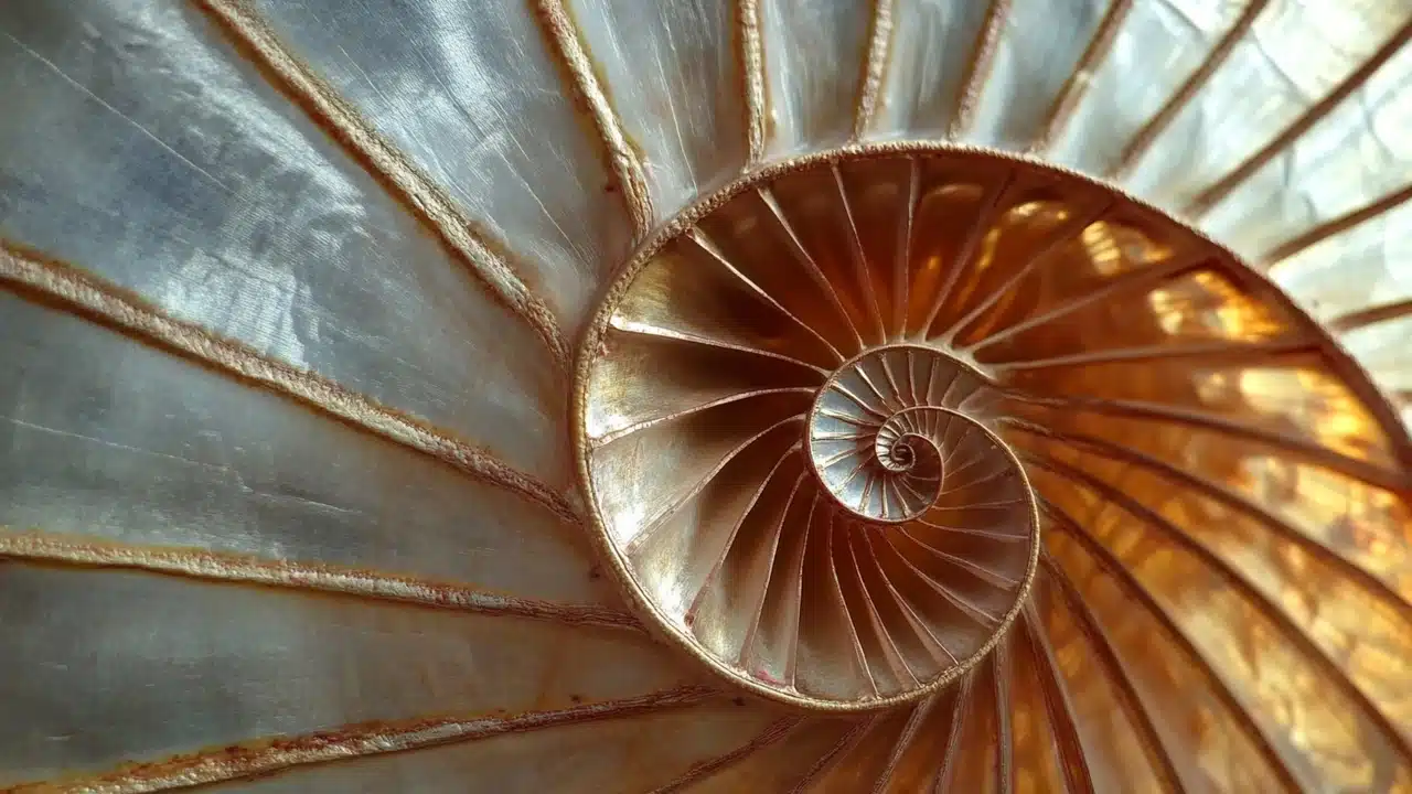 Close-up of a nautilus shell showcasing the golden ratio spiral, illustrating natural symmetry and balance in photography composition.