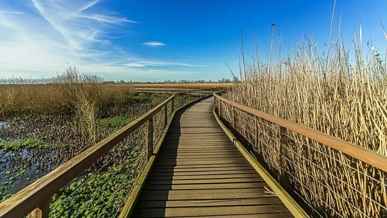 A wooden path stretches into the distance, creating leading lines that guide the viewer’s eye toward an unseen destination.