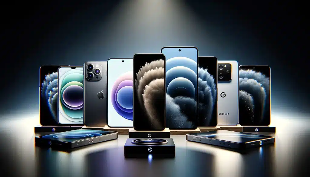 High-end smartphones for photography, including iPhone 15 Pro, Samsung Galaxy S24 Ultra, and Google Pixel 8 Pro, displayed on a minimalist background.