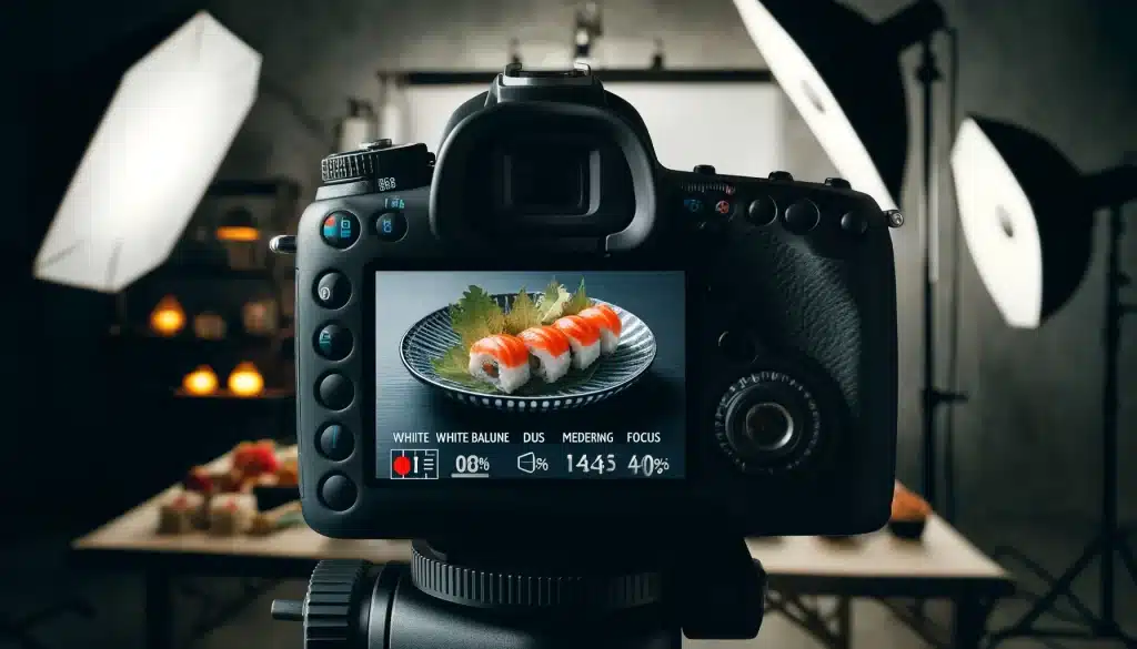 Advanced camera settings for food photography displayed on a DSLR in a studio.