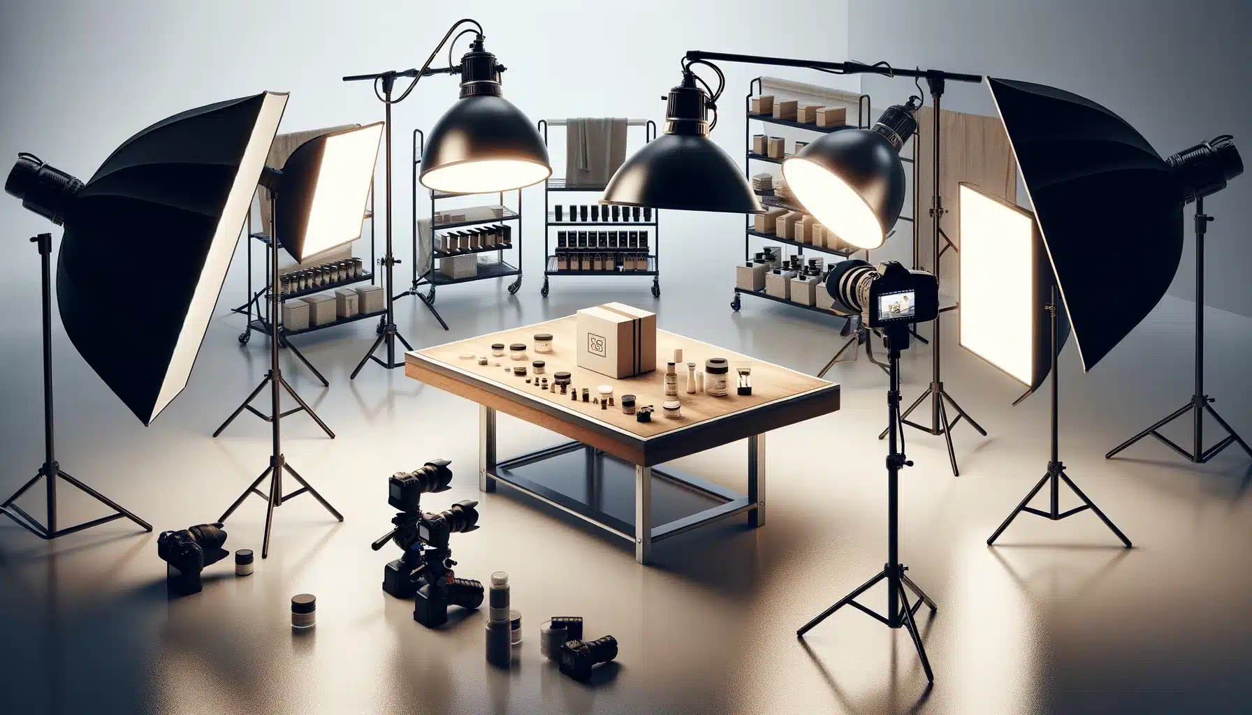 Professional product photography setup with multiple studio lights and a small product on a central table in a modern studio