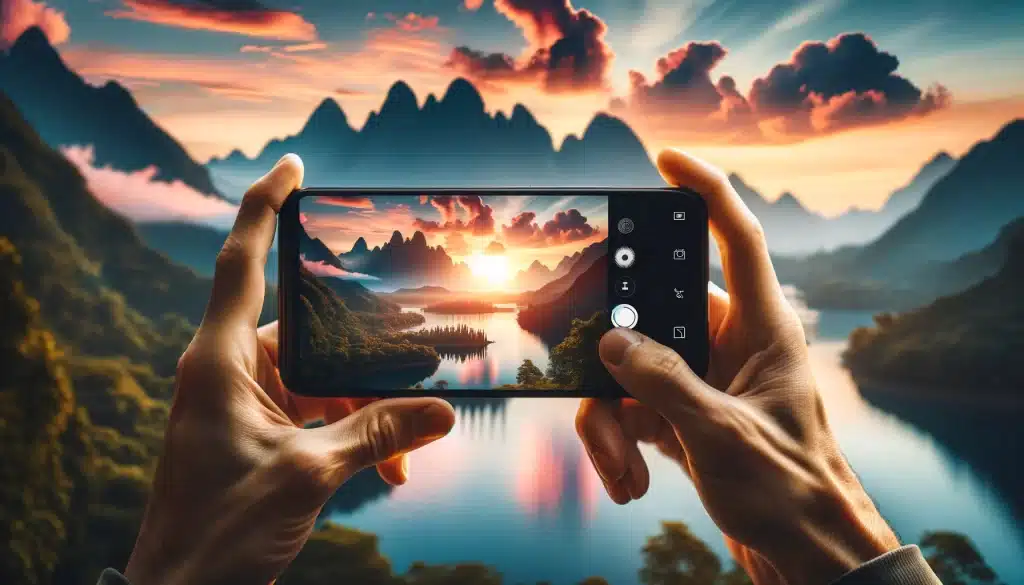 Person capturing a stunning landscape with a smartphone.