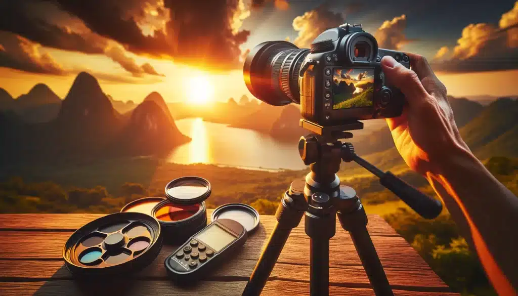 Photographer optimizing camera setup in a scenic landscape at dusk for the Best Landscape Photography