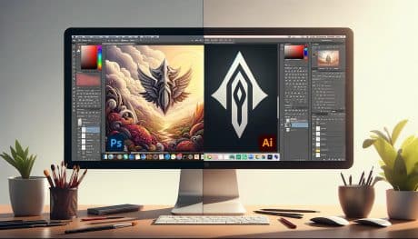 Split-screen display of Adobe Photoshop's detailed digital art project on the left and Adobe Illustrator's bold vector logo design on the right.
