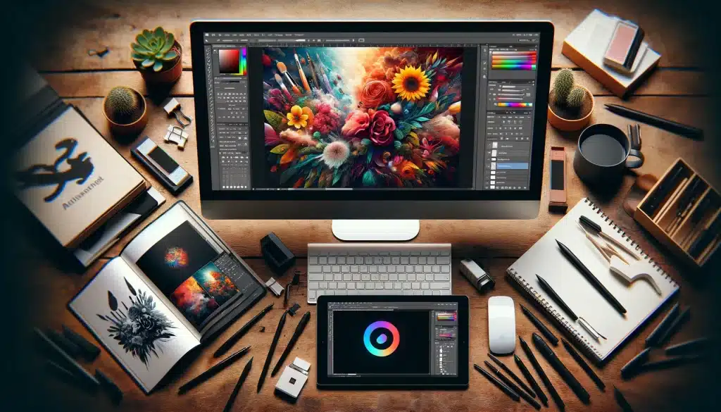 A dual workspace showcasing Adobe Photoshop's photo editing capabilities and Adobe Illustrator's vector graphic design prowess, surrounded by digital design tools.