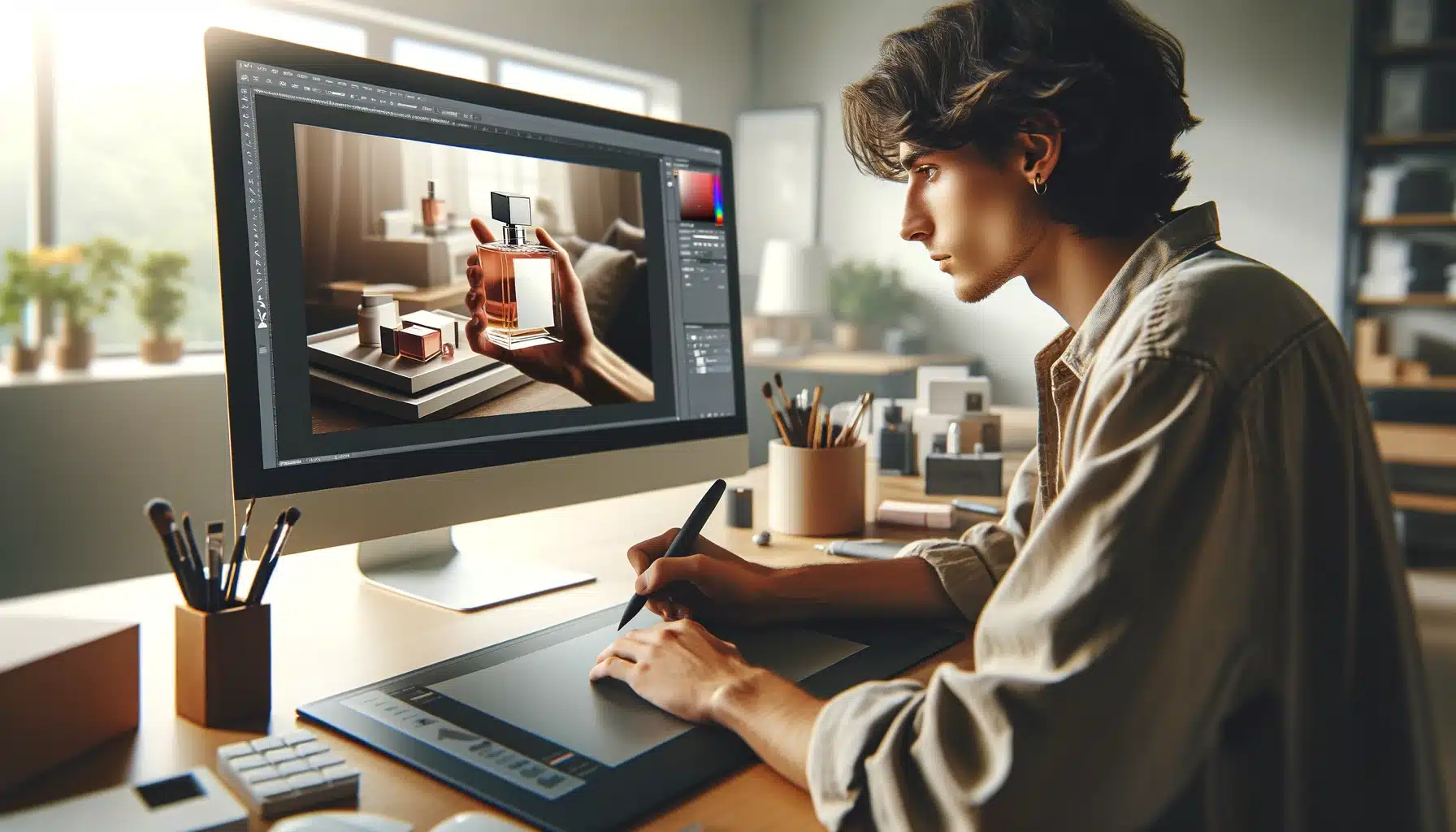 Graphic designer using Adobe Photoshop on a large monitor to edit a perfume photo in a modern, well-equipped office