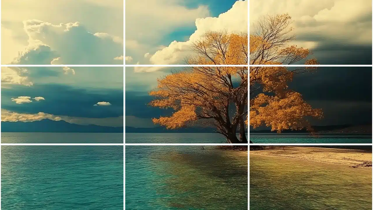 A tree positioned near a lake, following the rule of thirds, with the tree placed along the right vertical line and the horizon on the lower third.