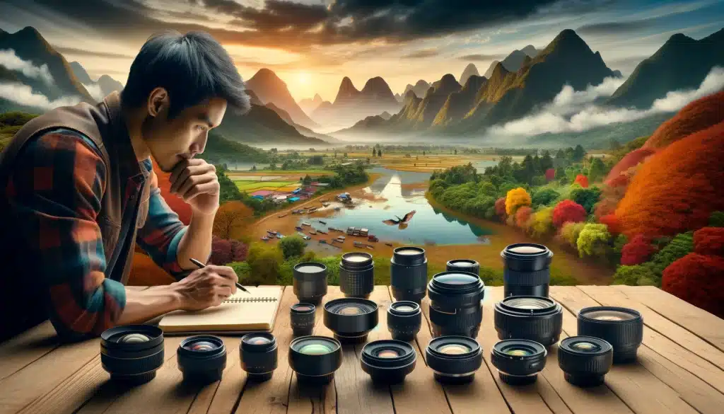 Photographer analyzing various camera lenses with a scenic backdrop.