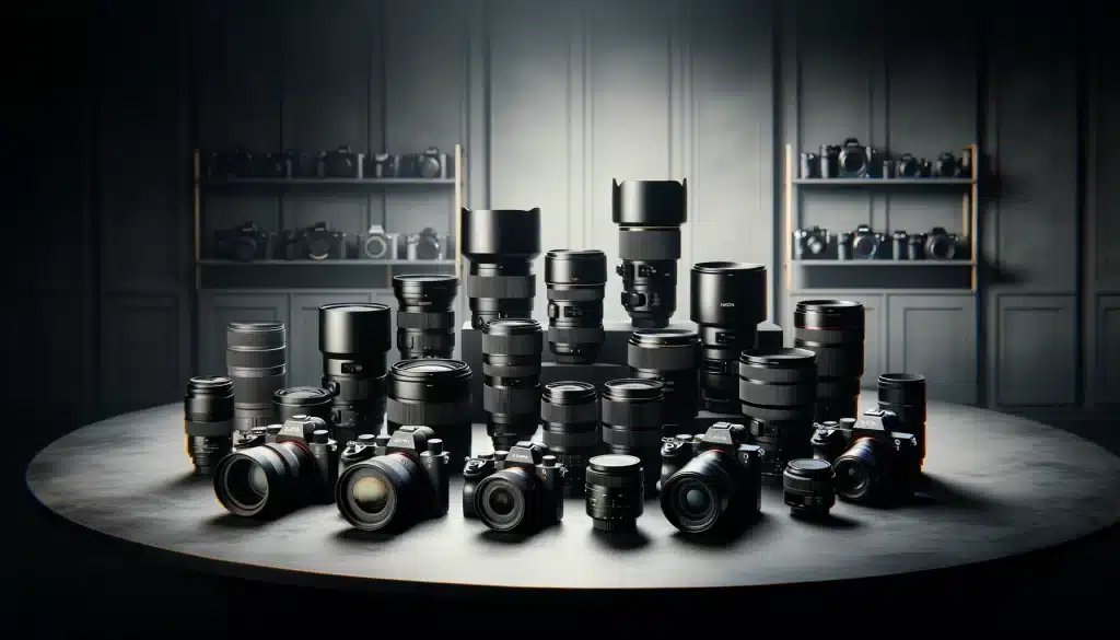 Display of high-end cameras and the Best Landscape Photography Lenses from leading brands on a modern table
