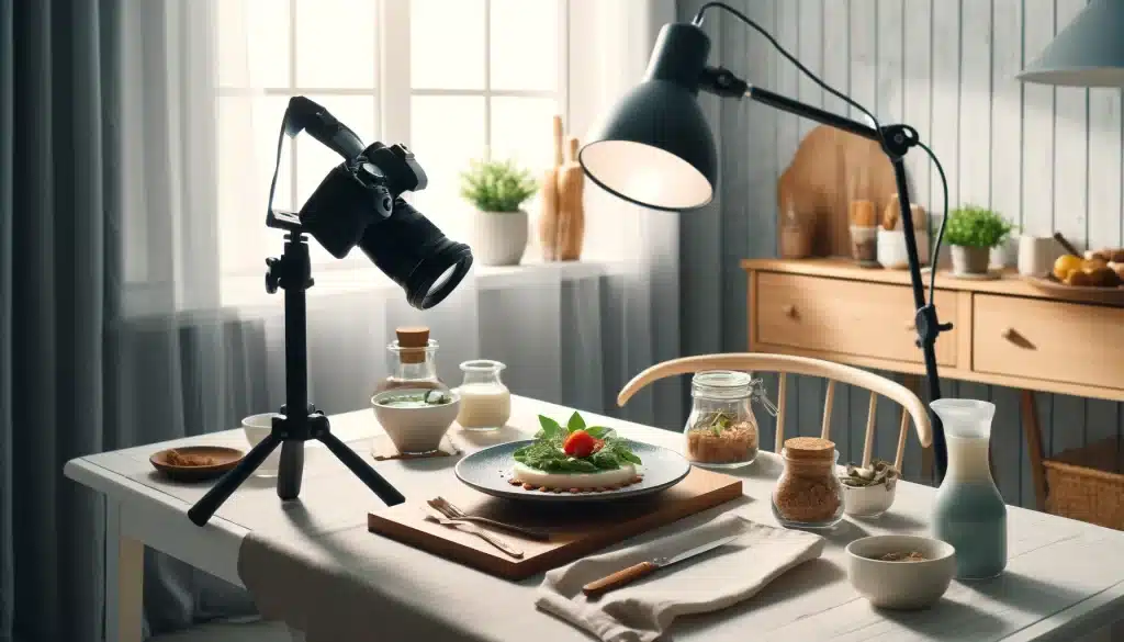 Beginner preparing a food photography shot at a home kitchen table.