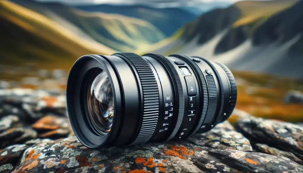 Close-up of a camera lens with mountainous Best Landscape Photography Lenses