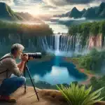 Hispanic photographer capturing a waterfall scene with professional equipment