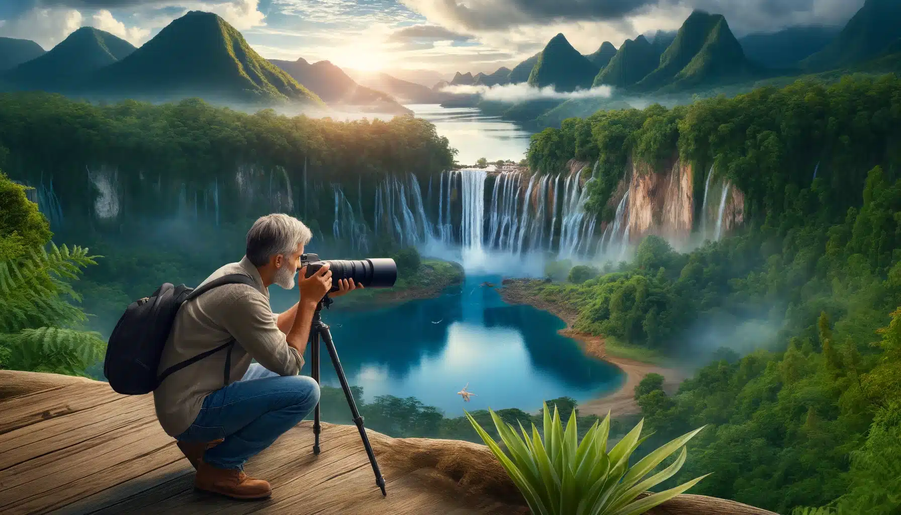Hispanic photographer capturing a waterfall scene with professional equipment