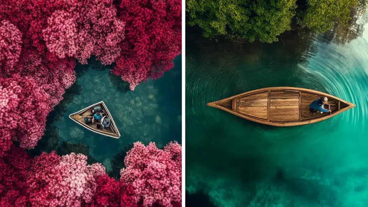 Two boats on a calm lake, each placed in different compositions, demonstrating the impact of framing and balance in photography.