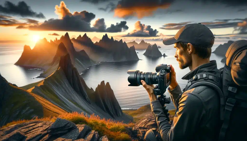 Professional capturing rugged terrain with high-end Best Landscape Photography Lenses