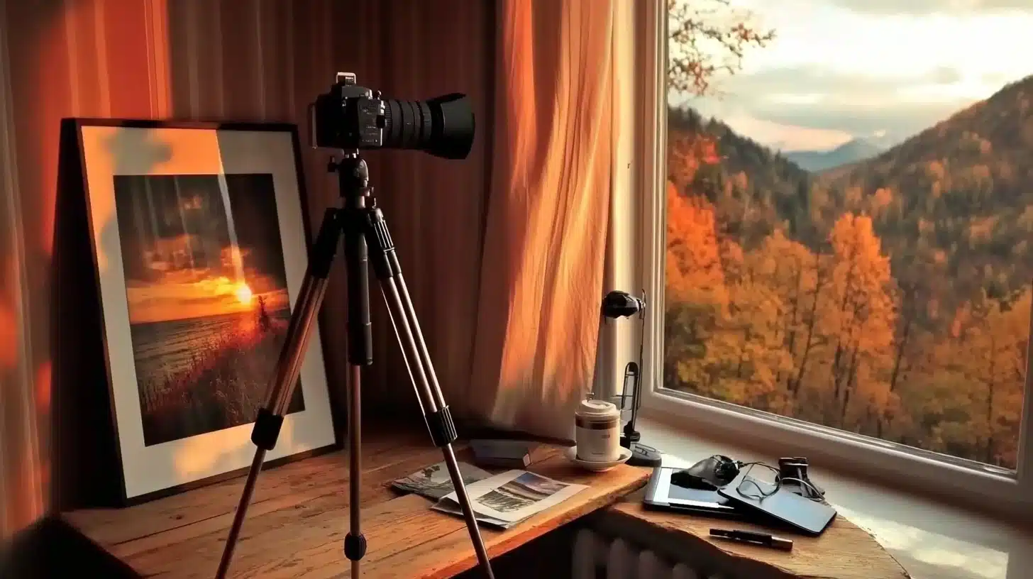 A tripod standing beside a framed sunset photograph on a wall, symbolizing the importance of stabilization in sunset photography