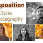 Featured image illustrating framing principles in photo creation with a grid overlay, showcasing various portrait shots arranged using the rule of thirds and golden ratio techniques