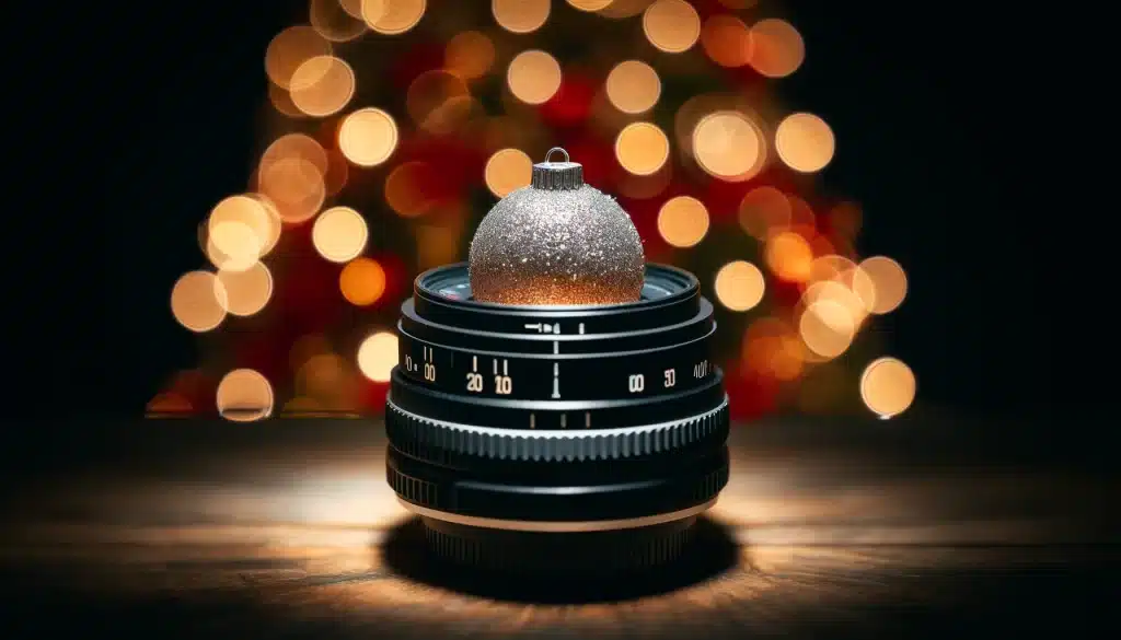 Camera lens focusing on a Christmas ornament, demonstrating aperture and depth of field with a bokeh background.