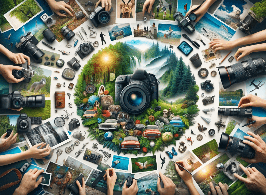 Collage of photography equipment and diverse photographic genres representing the art of photography