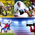 Dynamic collage of photographers in action across genres: wildlife, weddings, sports, and photojournalism.