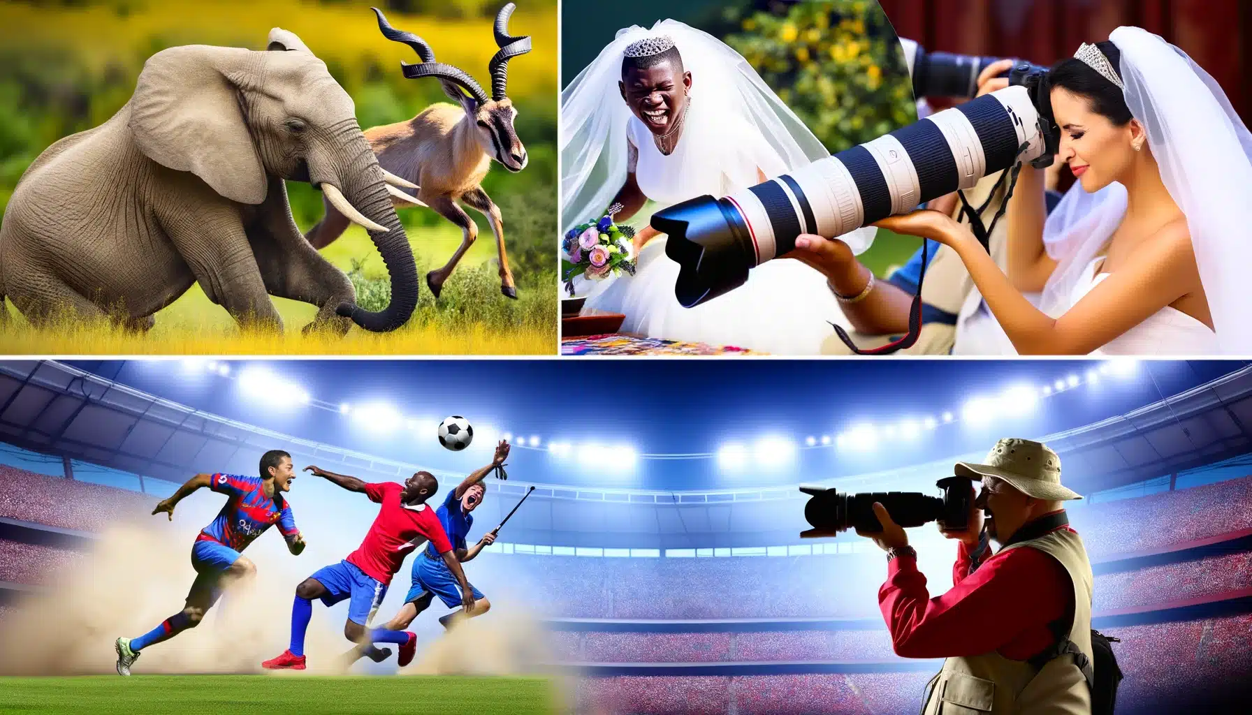 Dynamic collage of photographers in action across genres: wildlife, weddings, sports, and photojournalism.