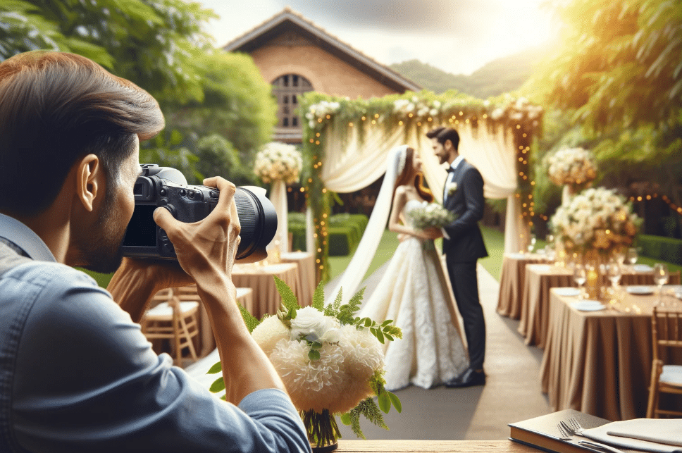 Photographer capturing an American bride and groom at their outdoor wedding ceremony.