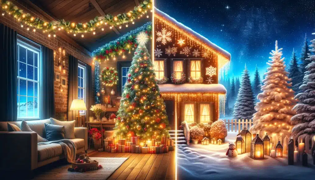 A split scene depicting indoor cozy Christmas tree setting and outdoor home with festive lights.
