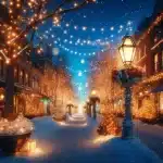 Cozy urban street decorated with warm glowing Christmas lights during the blue hour, with snow-dusted trees and lampposts.