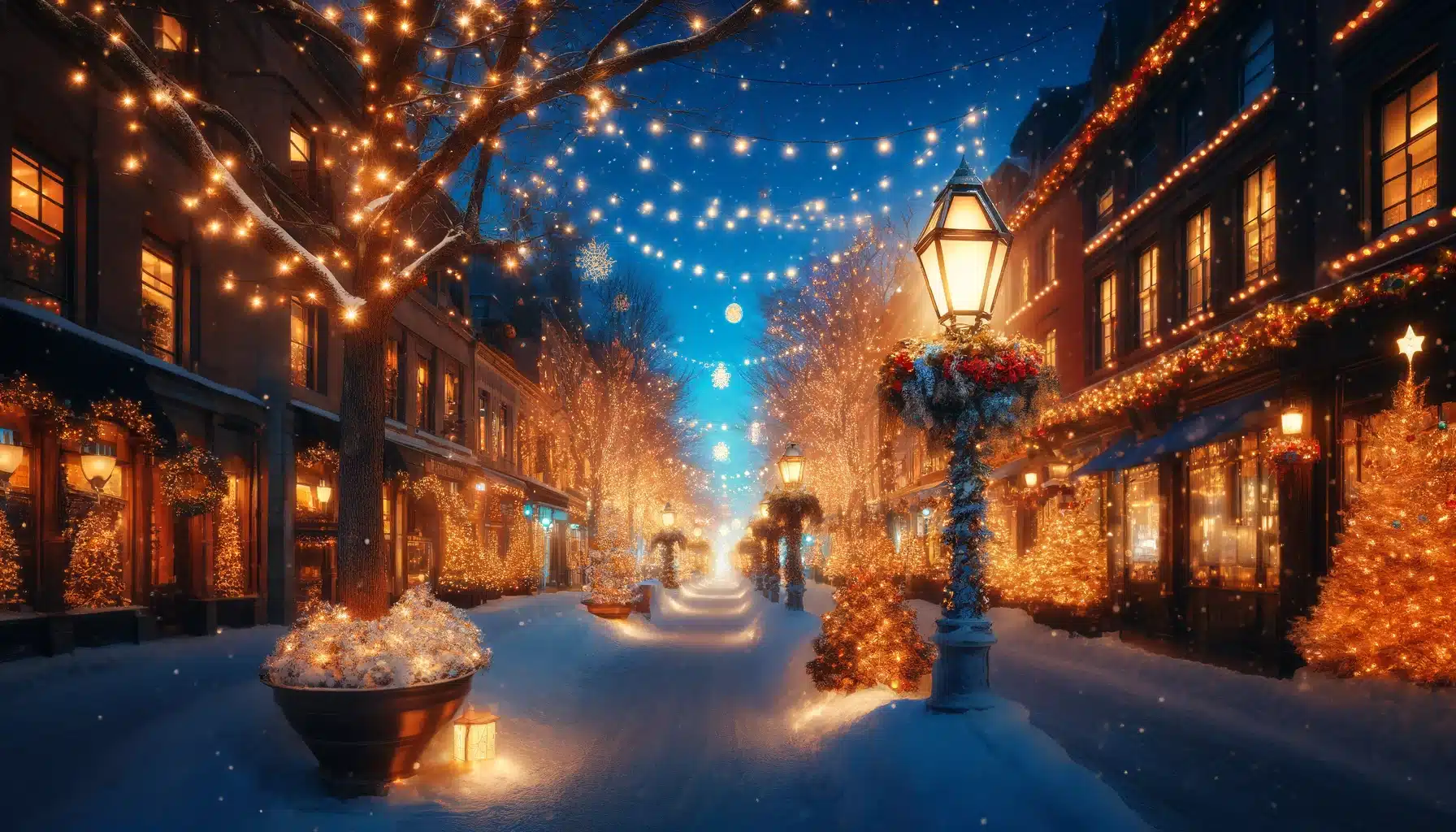 Cozy urban street decorated with warm glowing Christmas lights during the blue hour, with snow-dusted trees and lampposts.