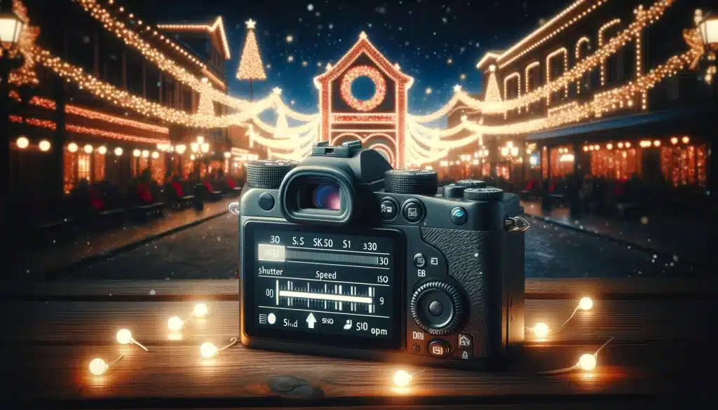 Camera displaying shutter speed and ISO settings against a backdrop of night photography with festive lights.
