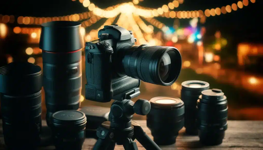 Photography gear for nighttime shooting, featuring a DSLR camera, tripod, and lenses, with subtle Christmas lights backdrop.