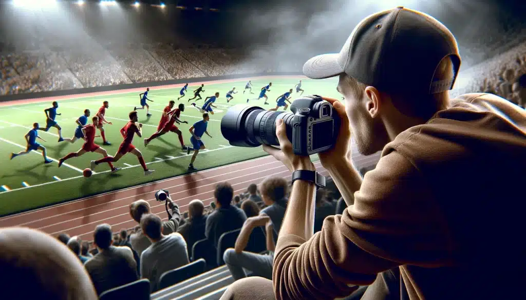 Sports photographer capturing action-packed moments during a game, lens focused on the athletes.