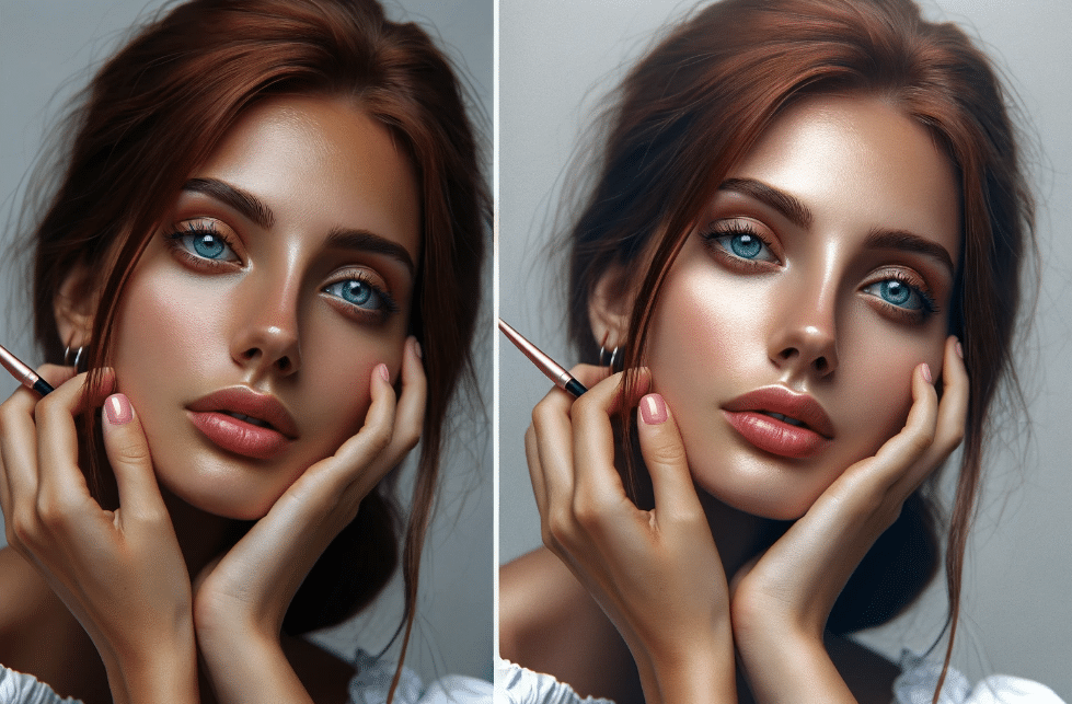 Before and after comparison of portrait photography showcasing post-processing enhancements.