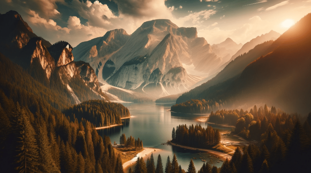 Breathtaking landscape with mountains, forest, and reflective water in a serene natural setting