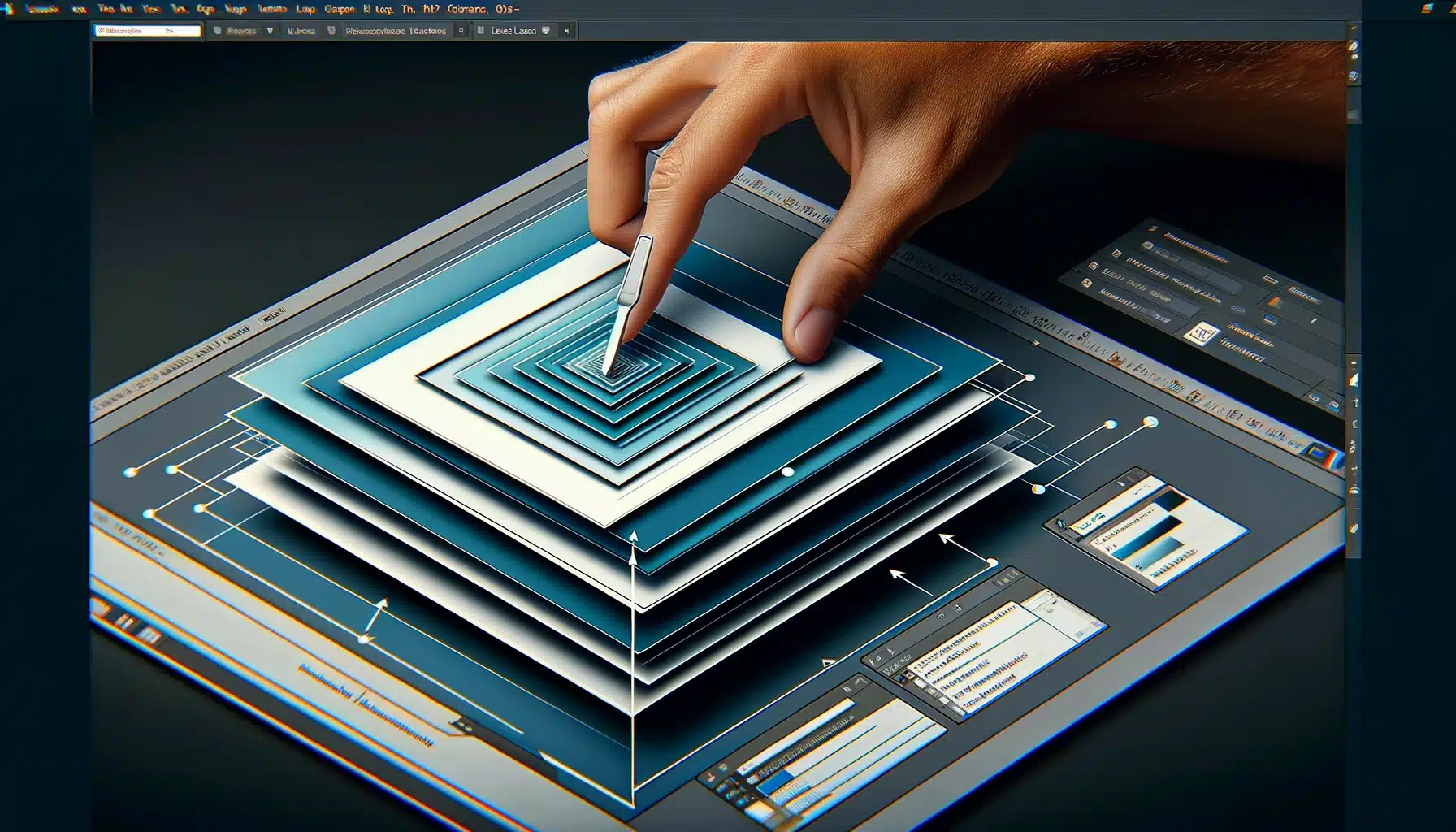 Adobe Photoshop interface showing the resizing of layers with transformation tools and adjustment settings.