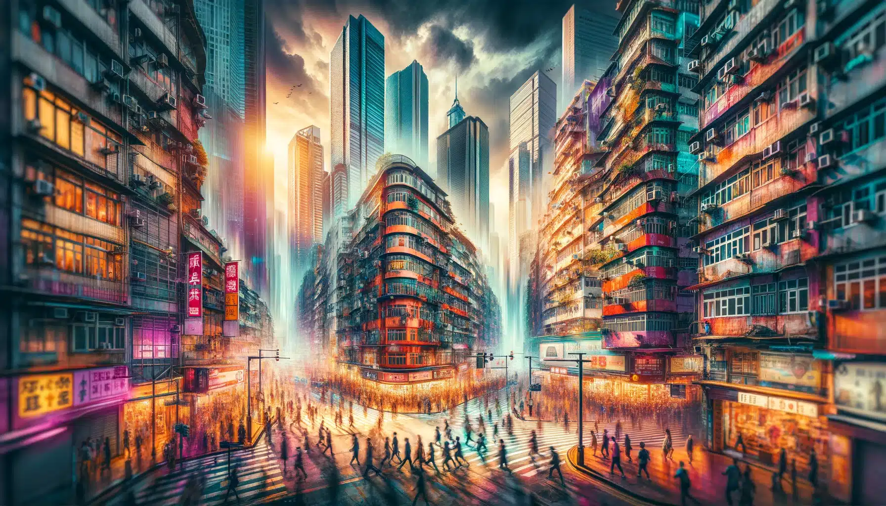 A wide-angle view of a bustling city scene from a street photographer's perspective, featuring tall buildings, vibrant colors, and dramatic lighting, with crowds of people moving through the urban landscape.