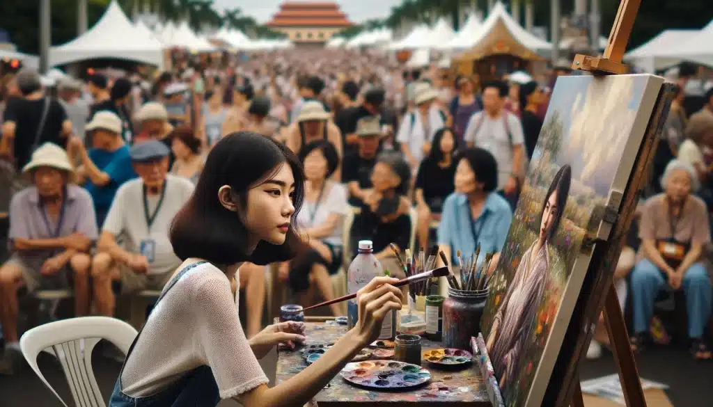 Young female painter at an art festival, captured by a photojournalist as she paints vividly colored canvases.